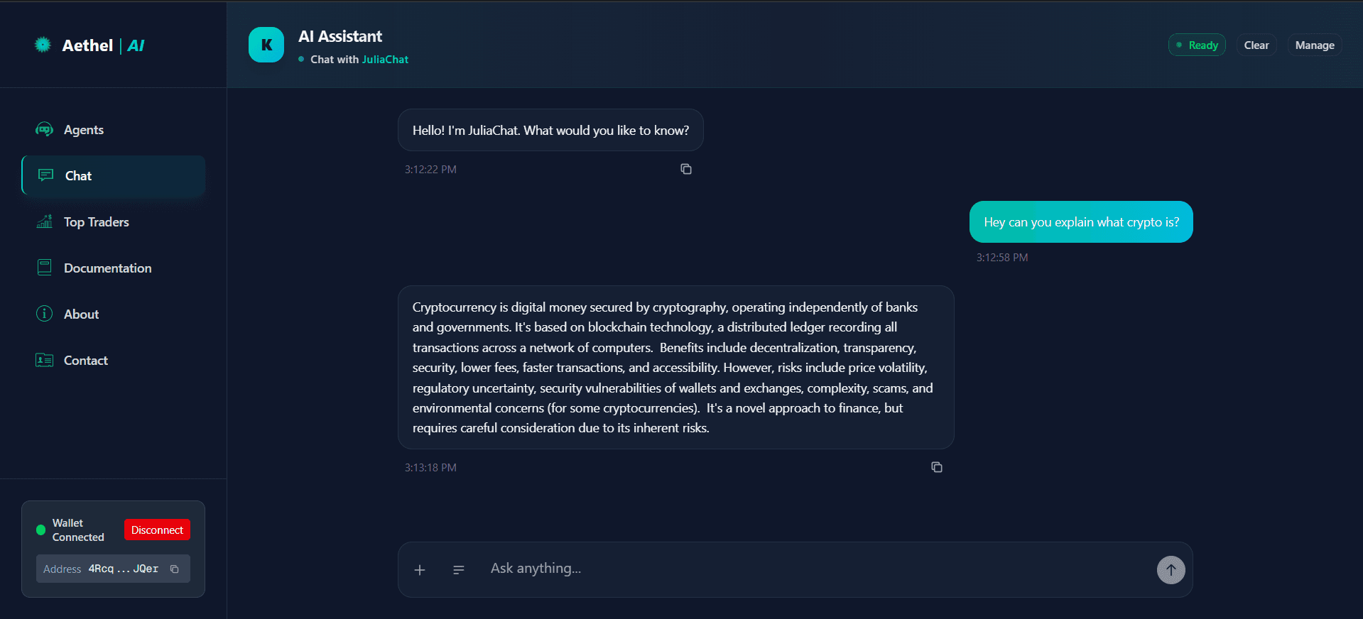 Aethel AI Platform Interface - AI-driven Solana blockchain insights and agent management